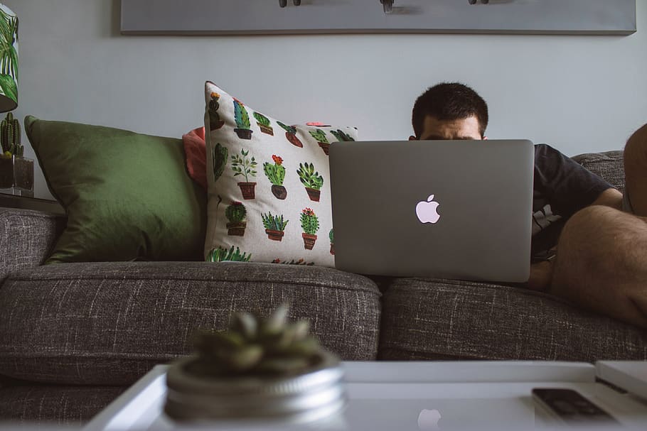 man using MacBook sat on sofa, couch, furniture, cushion, home decor HD wallpaper