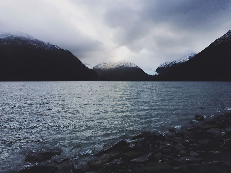 Seashore, dark, gloomy, water, mountain, beauty in nature, sky HD wallpaper