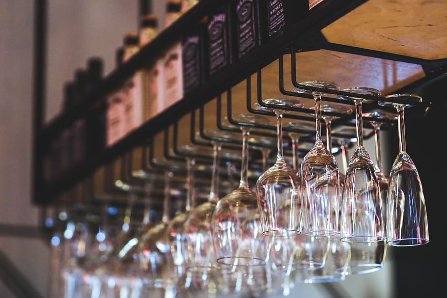 Hanging wine glasses, bar, restaurant, in a row, indoors, arrangement HD wallpaper