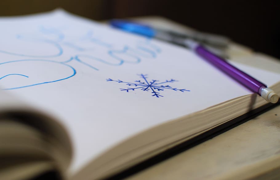 snow, snowflake, pencil, letter, lettering, typeography, book, HD wallpaper