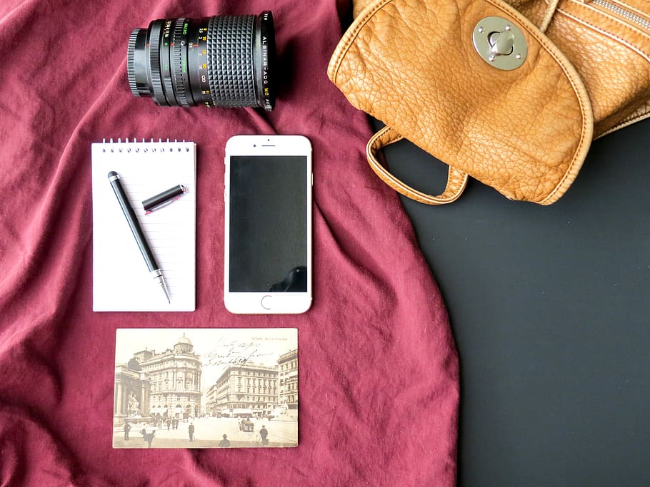 Flat Lay Photography of Iphone, Notebook, and Dslr Lens, accessory HD wallpaper