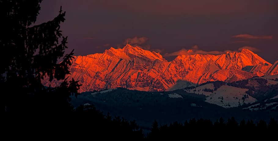 sunset, mountains, apls, säntis, snow, red, switzerland, landscape HD wallpaper