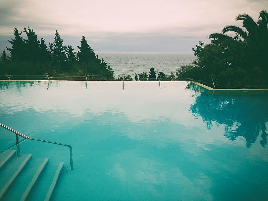 Swimming Pool, bay, beach, infinity pool, island, landscape, nature HD wallpaper