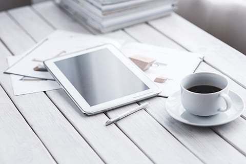 White tablet and cup of coffee, device, digital, meeting, pen HD wallpaper