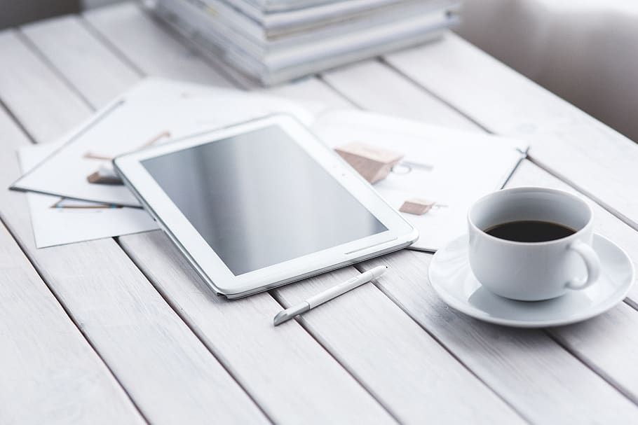 White tablet and cup of coffee, device, digital, meeting, pen, HD wallpaper