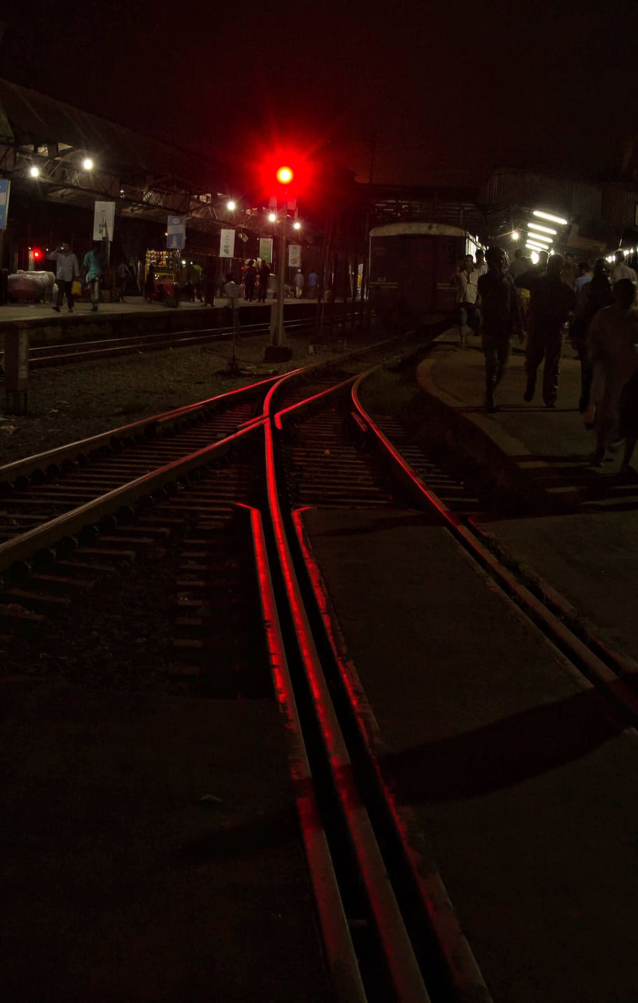 train, tracks, signal, red, illuminated, night, transportation