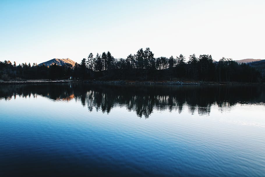 lake, tree, forest, moutain, sunset, calm, peace, tranquility HD wallpaper