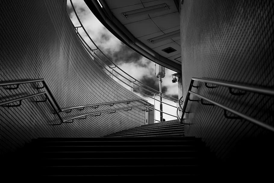 grayscale photography of empty stairs, building, railing, cloudscape HD wallpaper