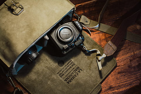 black camera on bag, electronics, strap, gun, weaponry, wood HD wallpaper