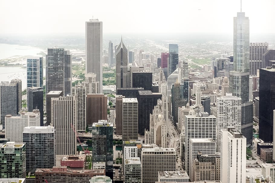 Chicago city, above, aerial, america, architecture, blue, building HD wallpaper
