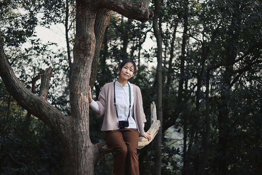 woman sitting on tree branch, clothing, apparel, human, person