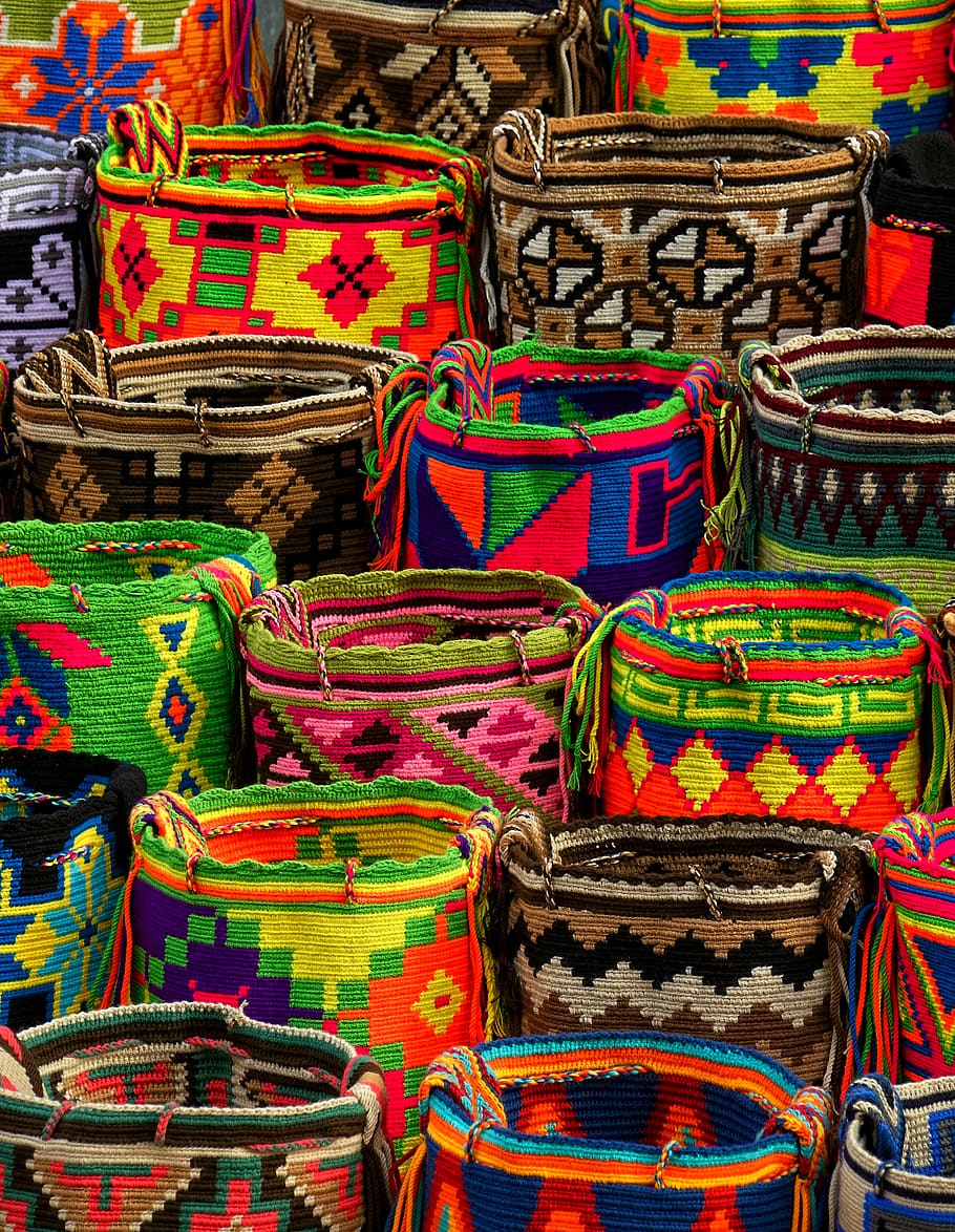 assorted-color woven basket lot, colombia, cartagena, jewelry