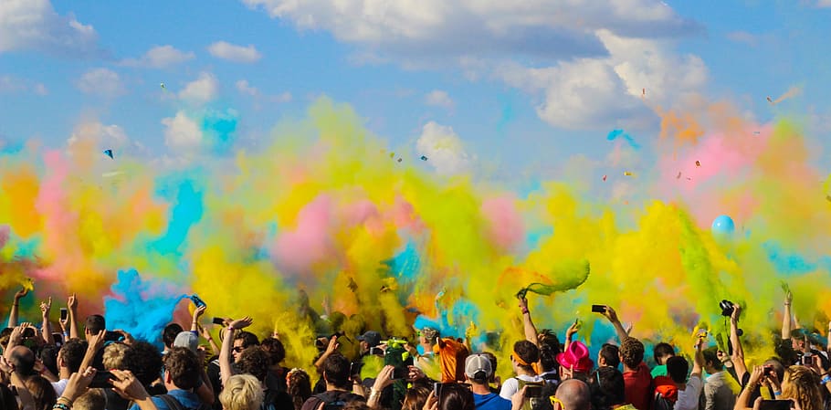 people, crowd, audience, party, colors, smoke, bombs, concert