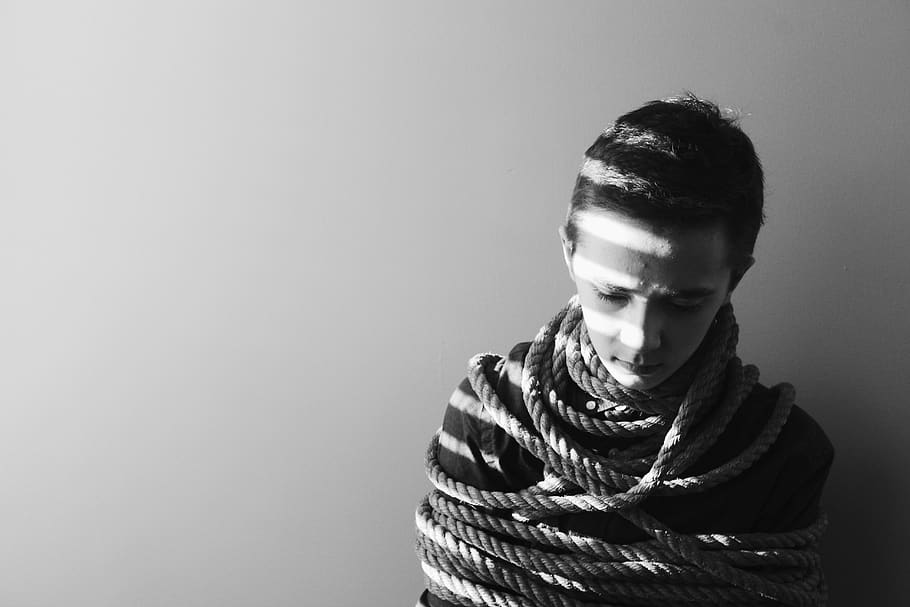 Grayscale Photography of Person Bind in Rope, black and white HD wallpaper