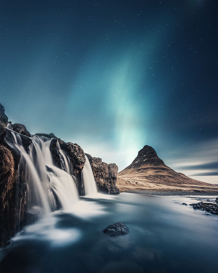 Timelapse Photography of Waterfall, blue sky, daylight, flow HD wallpaper