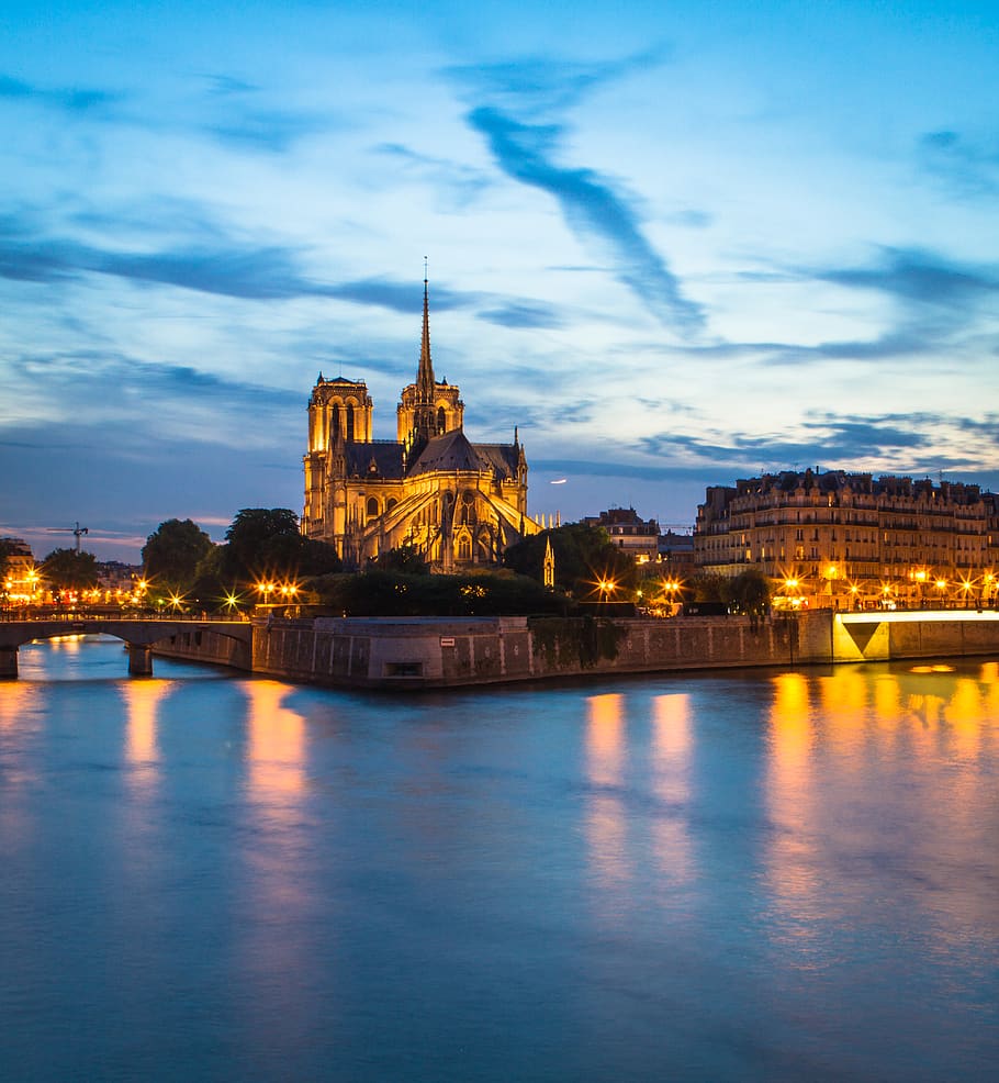 france, paris, cathédrale notre-dame de paris, water, clouds