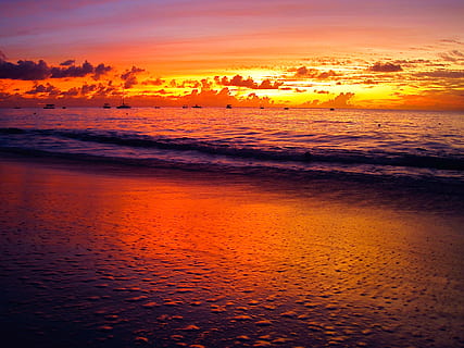 barbados, sunset, sea, water, sky, orange color, beauty in nature HD wallpaper