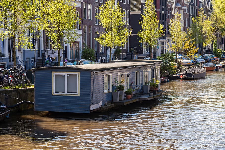 fountain house, water, houseboat, amsterdam, netherlands, channel, HD wallpaper