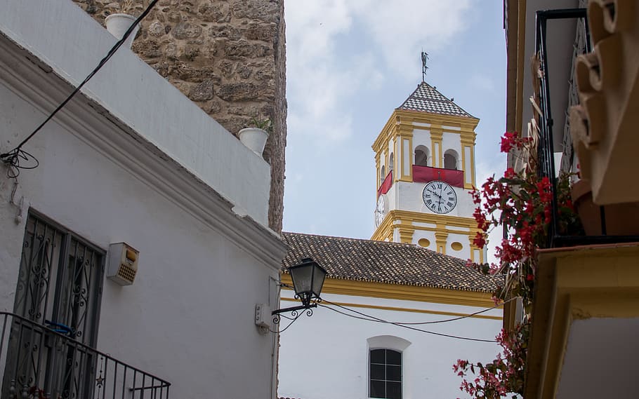 spain, marbella, yellow, brick, sky, clock, red, summer, flowers HD wallpaper