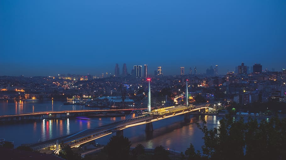 turkey, istanbul, bridge, lights, night, building, long exposure HD wallpaper