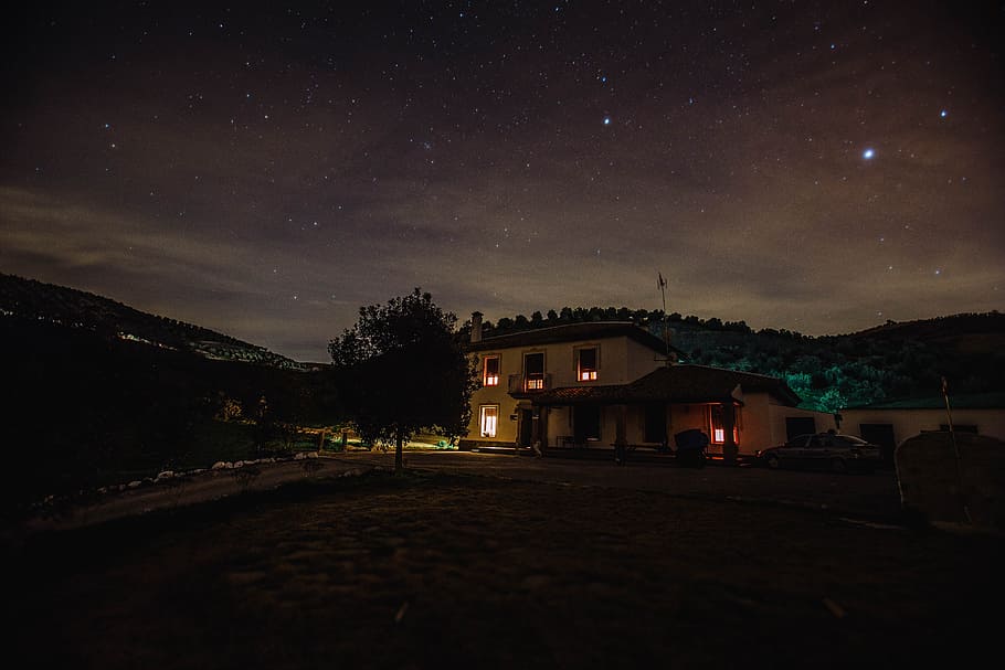 House With Light during Nighttime, architecture, dark, evening HD wallpaper