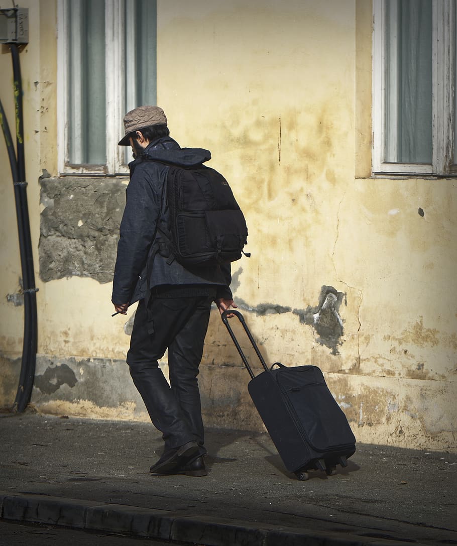 young, boy, man, backpack, troler, storage, male, going, the sidewalk HD wallpaper