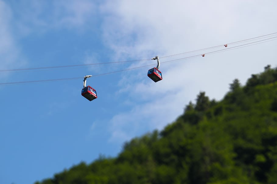 cable car, ride, wire, nature, landscape, trees, travel, adventure HD wallpaper