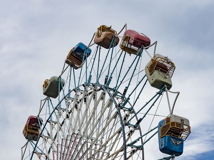 Ferris Wheel, Amusement Park, Clouds, Sky, Summer, ride, amusement park ride HD wallpaper