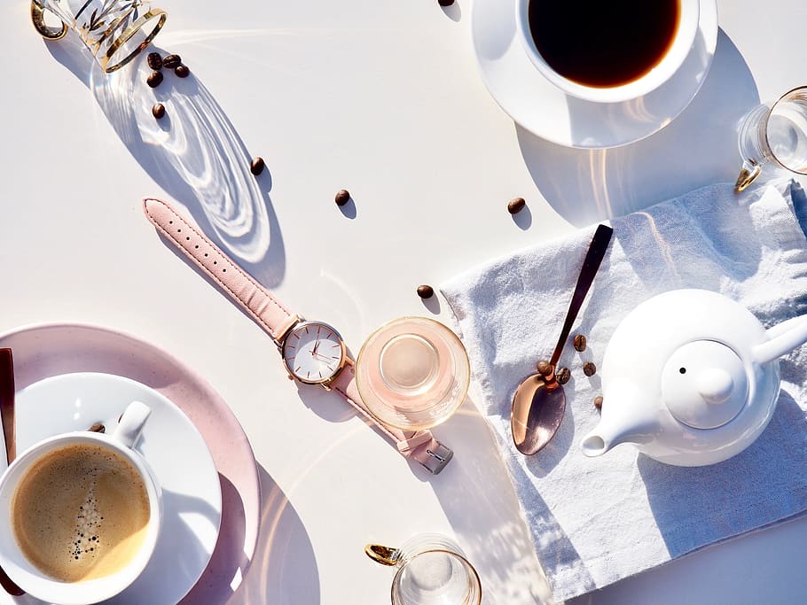 coffee, table, watch, pink, white, teapot, drink, food, spoon HD wallpaper