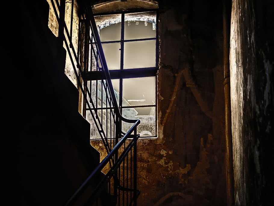 hallway, stairs, staircase, window, railing, night, emergence HD wallpaper