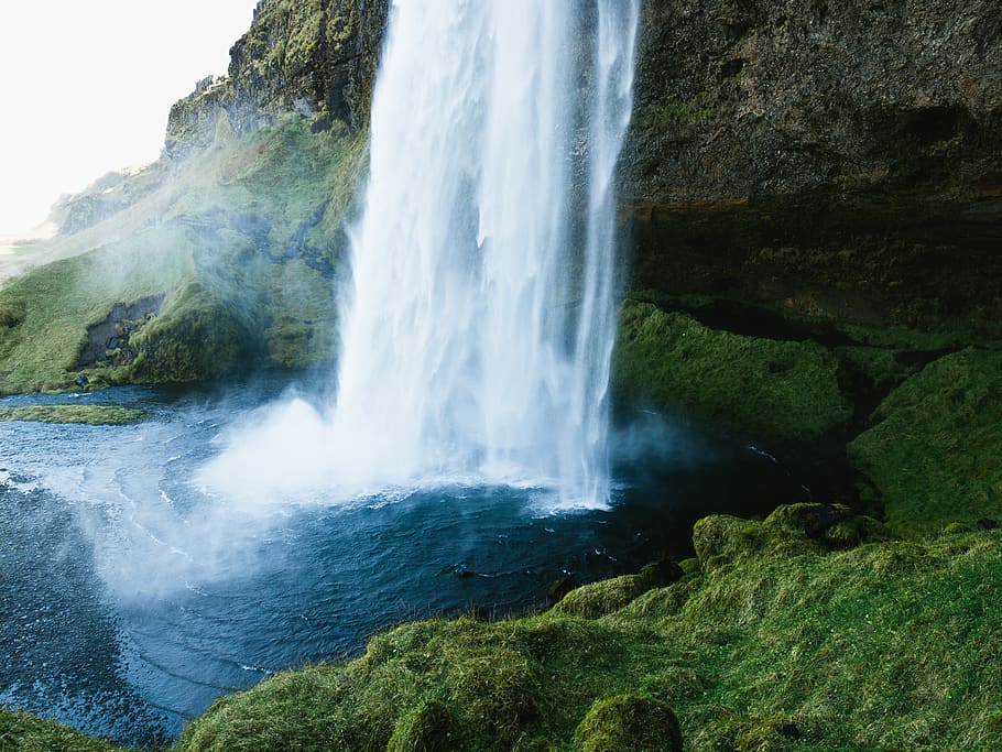 waterfall, splash, mist, green, grass, cliffs, rocks, mountain HD wallpaper
