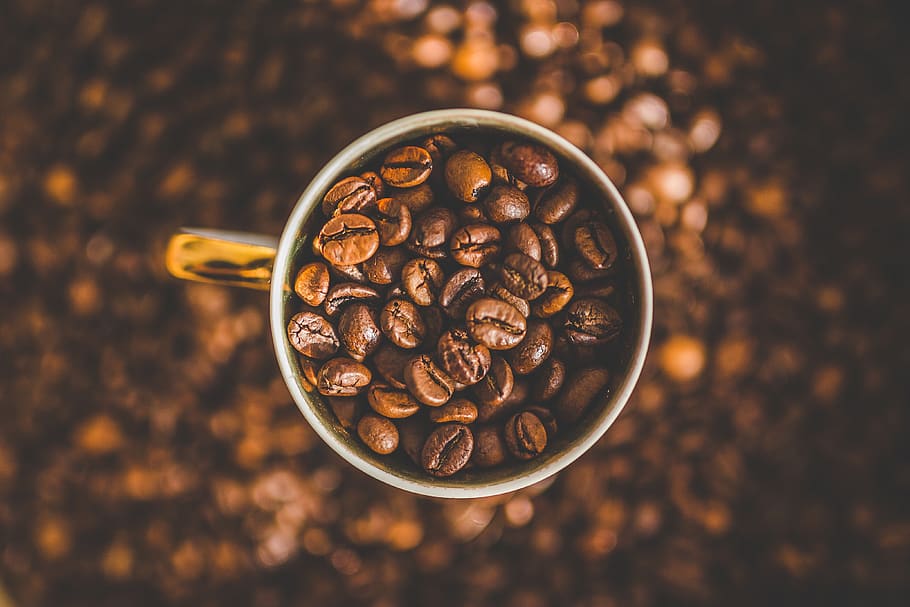 Mug of Coffee Beans, caffeine, cup, macro, food and drink, directly above HD wallpaper