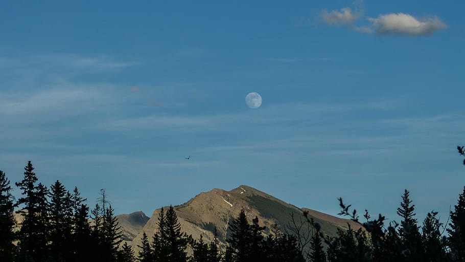 mountain under moon during daytime, canada, canmore, outdoors, HD wallpaper