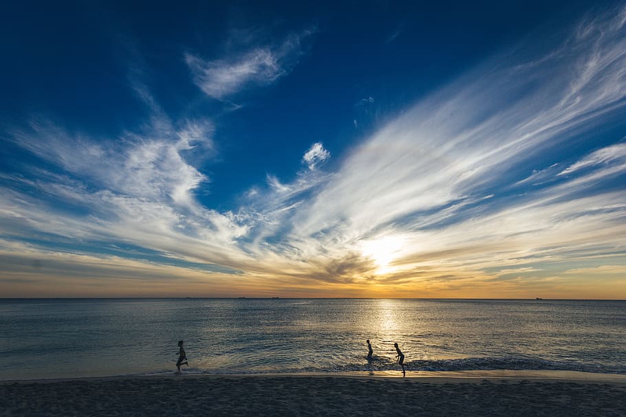 three people running on seashore, sky, water, cloud - sky, beauty in nature HD wallpaper