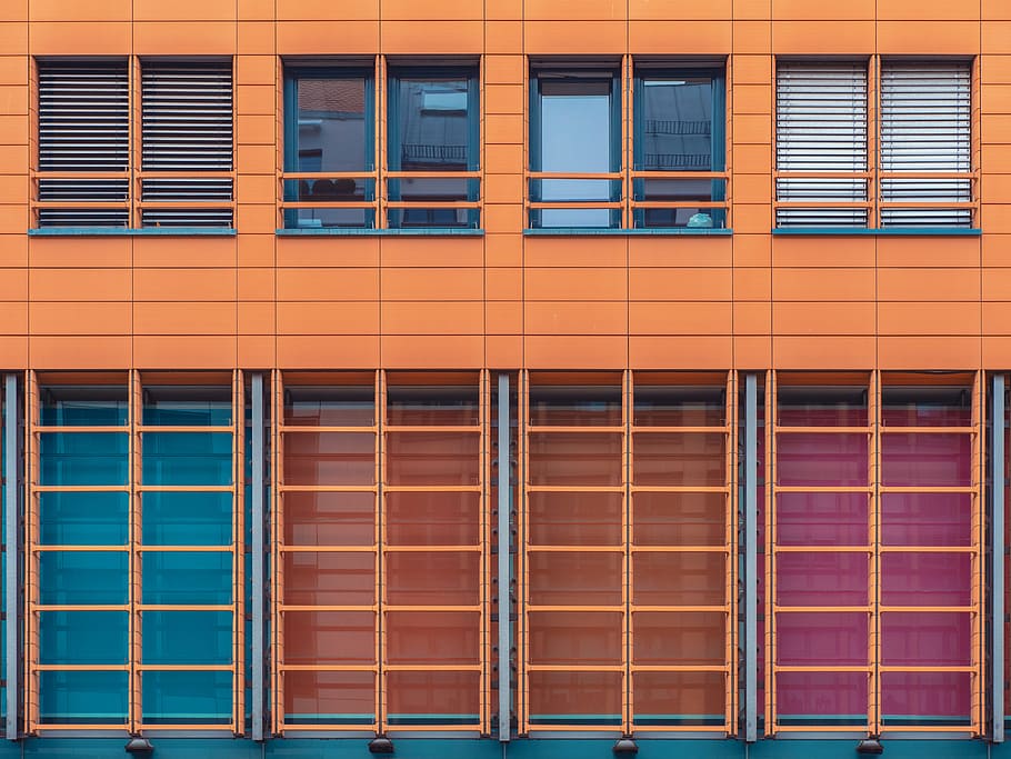 closed window doors, building, wall, color, orange, blue, glass HD wallpaper
