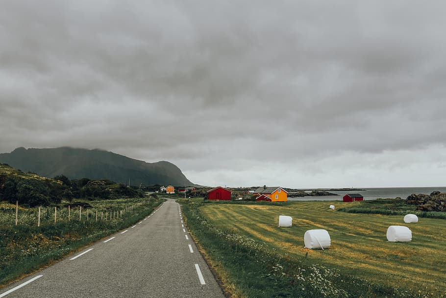 green fields gray sky, road, nature, outdoors, way, highway, countryside HD wallpaper