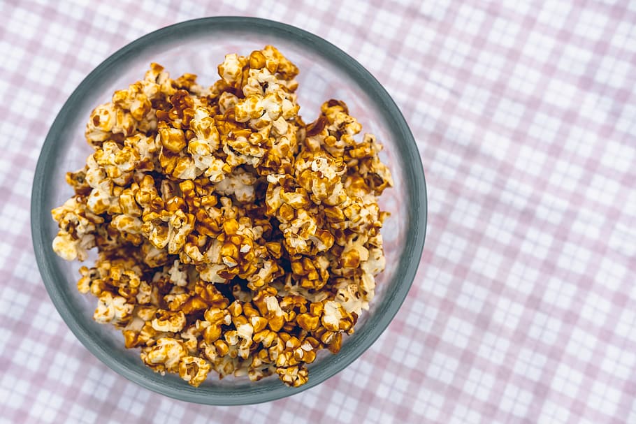 caramelized popcorn, food, plant, dessert, bowl, food photography, HD wallpaper