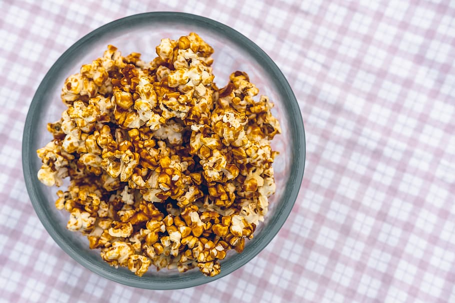 caramelized popcorn, food, plant, dessert, bowl, food photography HD wallpaper
