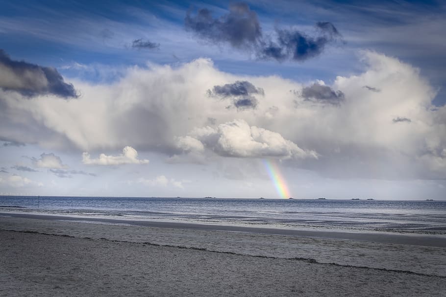clouds, sky, rainbow, beach, sea, coast, north sea, hallig, HD wallpaper