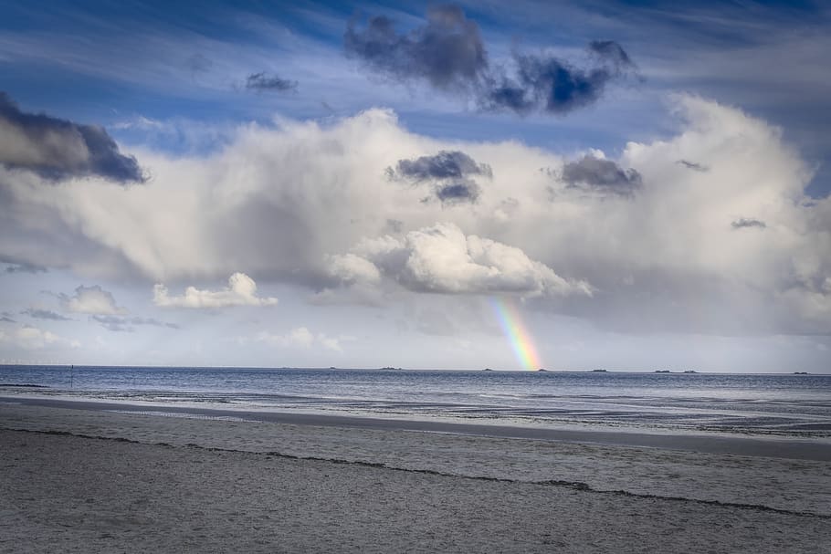 clouds, sky, rainbow, beach, sea, coast, north sea, hallig HD wallpaper