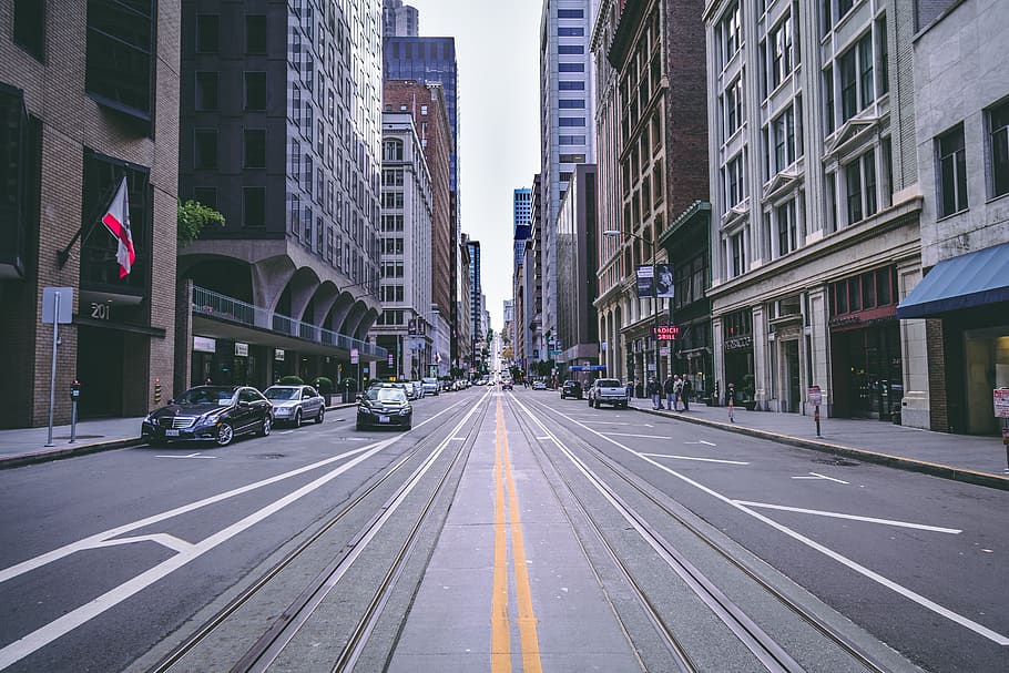 vehicles on road between high-rise buildings, street, urban, city, HD wallpaper