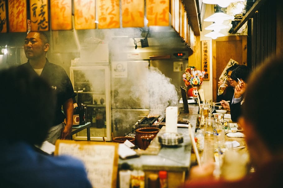 people, men, guest, customer, chinese, restaurant, smoke, cooking HD wallpaper