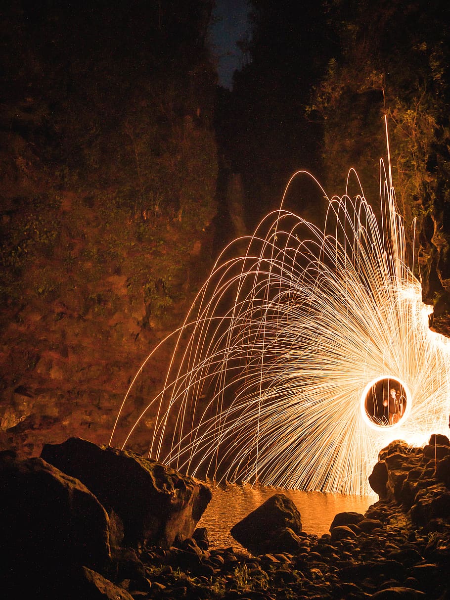 fireworks near rocks, nature, outdoors, art, painting, night HD wallpaper