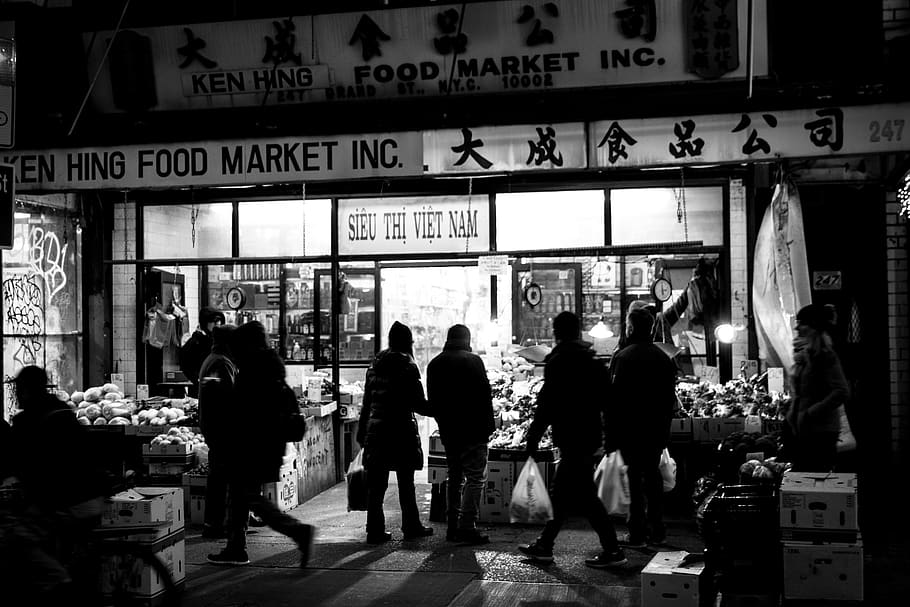 people outside food market inc., person, human, chinatown, new york, HD wallpaper