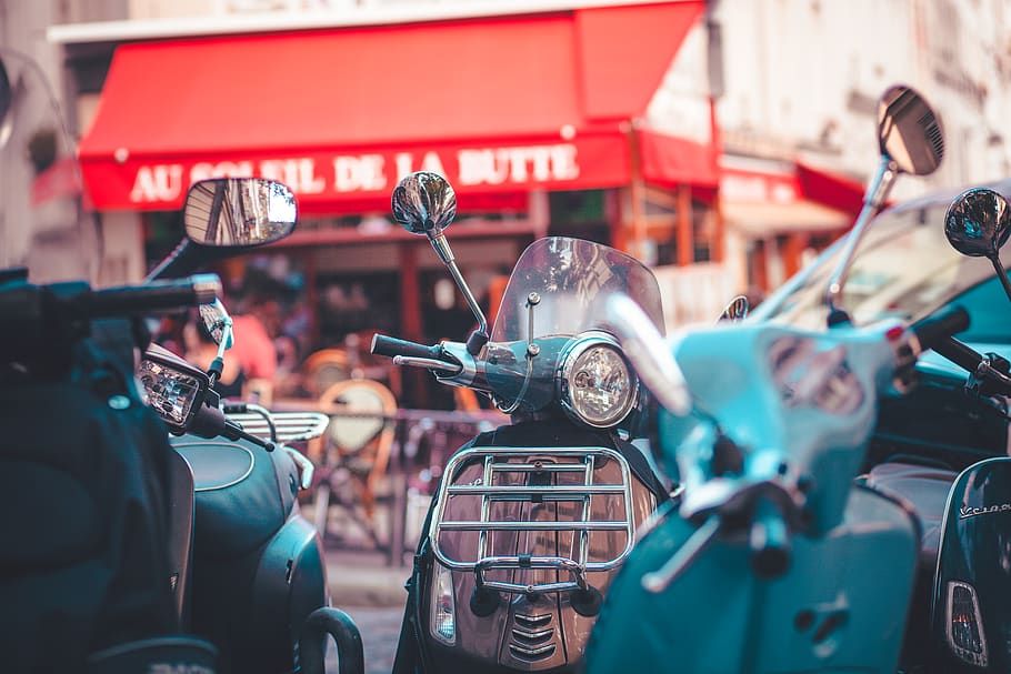 scooter parking, mode of transportation, land vehicle, motorcycle HD wallpaper