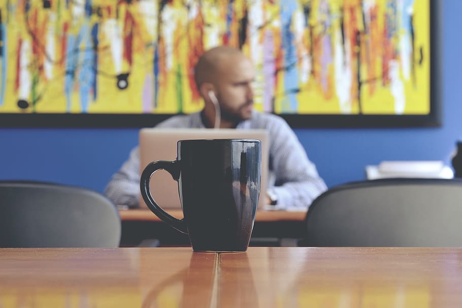 coffee, people, man, table, mug, office, work, laptop, music HD wallpaper