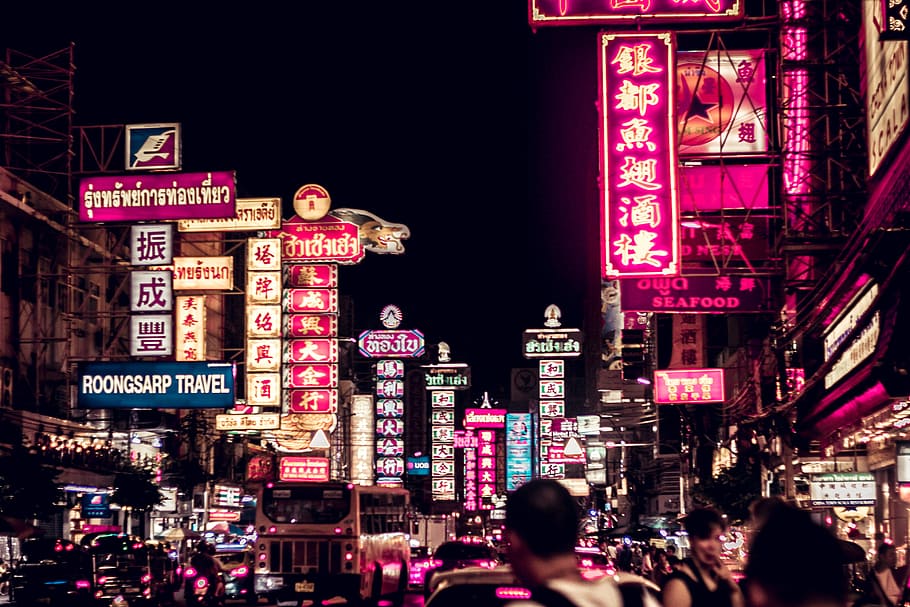people walking along road filled with LED signages, chinatown, HD wallpaper