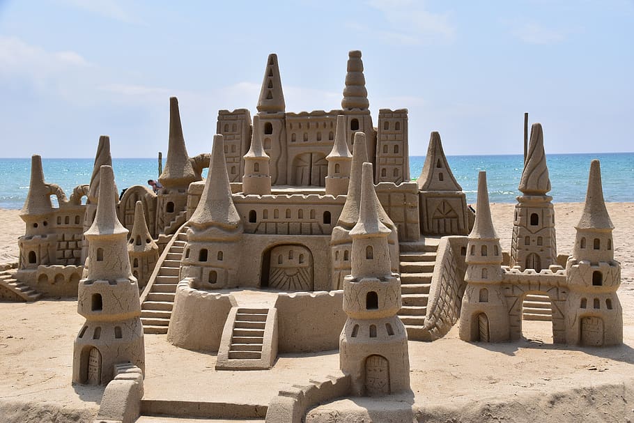 sand castle, beach, sky, nature, architecture, day, water, land HD wallpaper