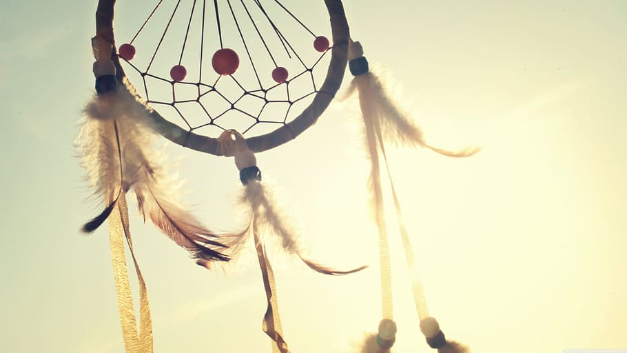 white and blue dream catcher, dreamcatcher, sky, feather, indian HD wallpaper