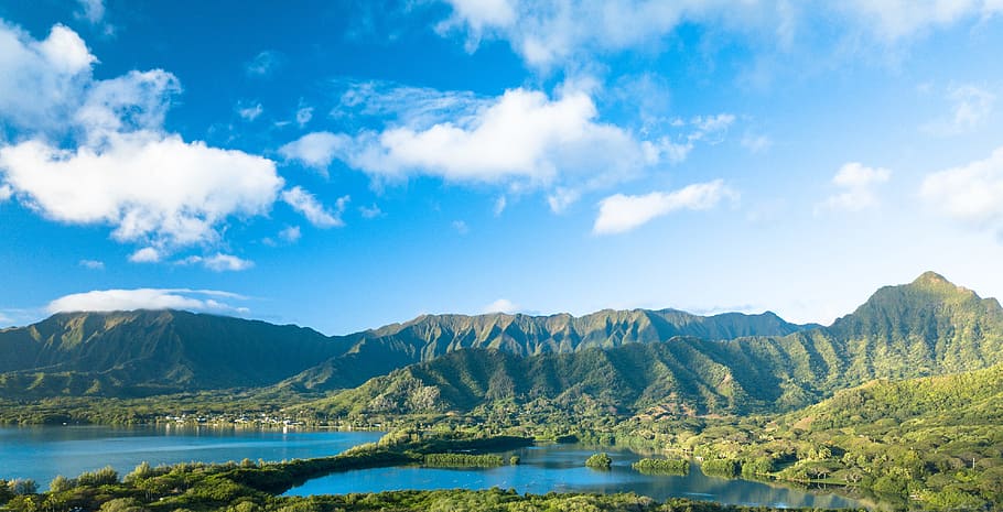 Green Forested Mountain Range Under Blue Sky With Clouds, daylight HD wallpaper